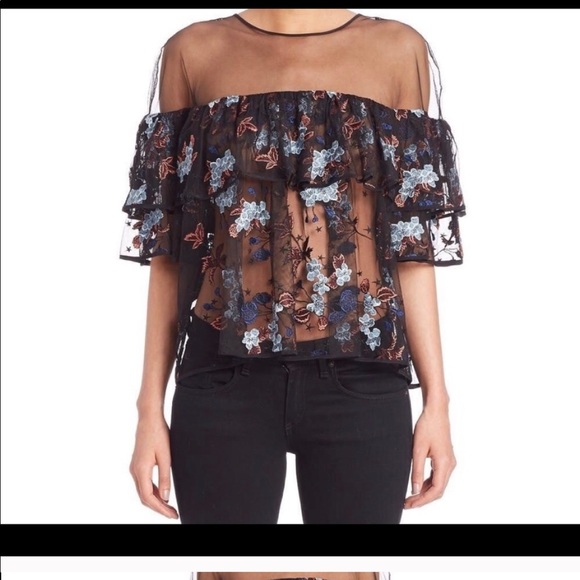 Korus embroidered ruffle mesh top - Picture 1 of 5